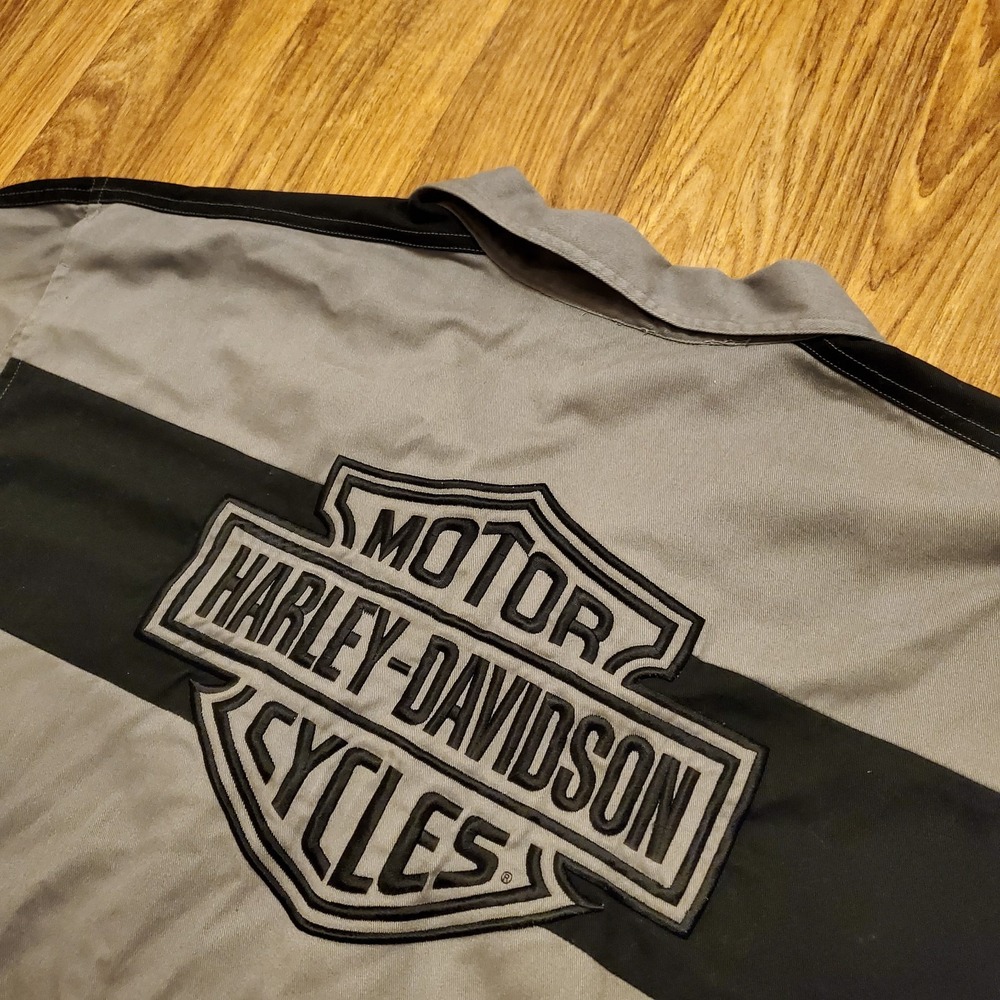Harley Davidson Shirt Adult 3XL Gray Embroidered Logo Button Up Mechanic‎ Y2K
